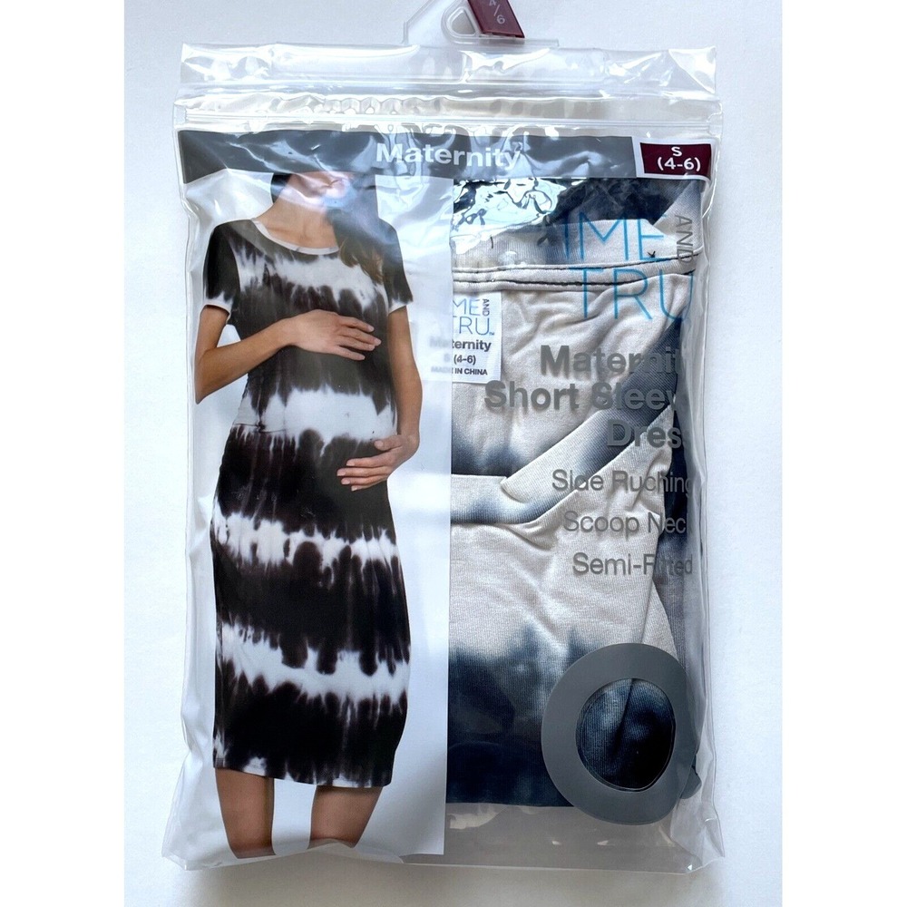 Time and Tru Maternity Long Dress Short Sleeve Black/White Tie Dye Sz S 4-6 NWT
